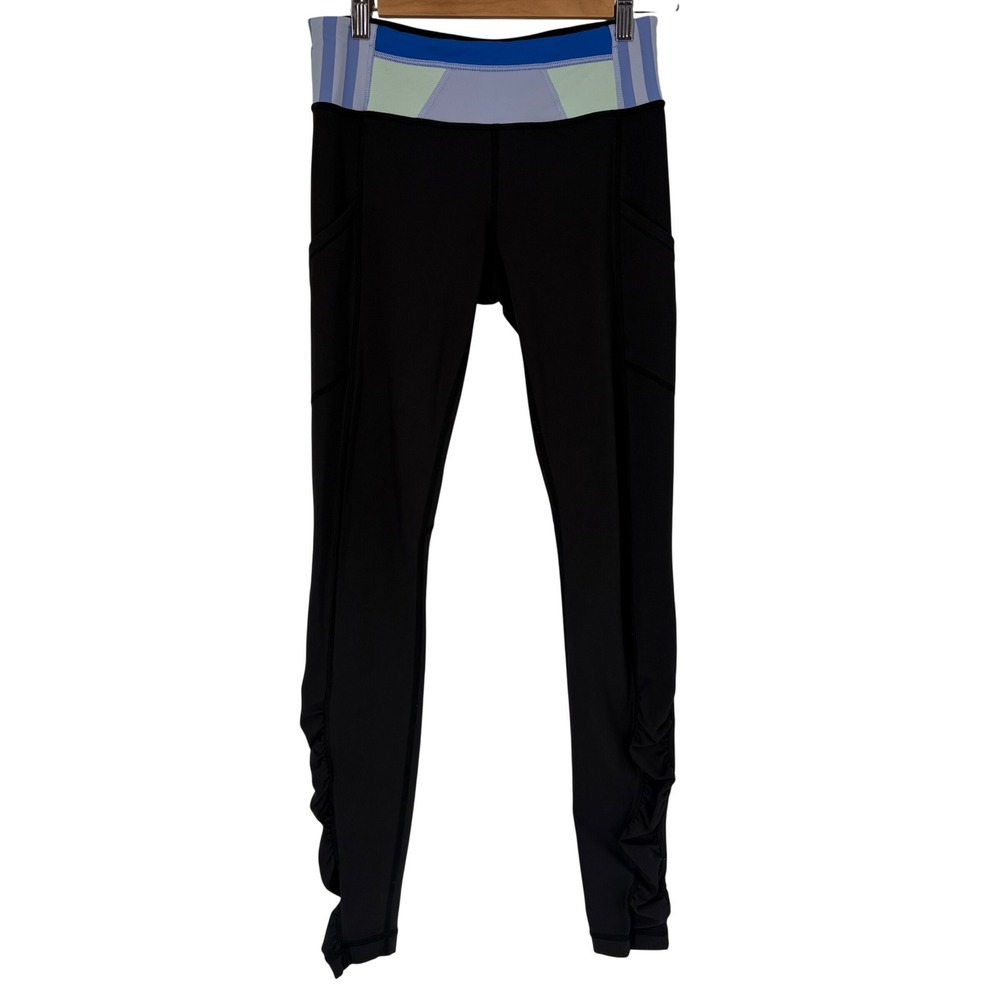 Lululemon Speed Tight IV‎ Black Ruched Leggings Pockets Size 6 Striped Waistband
